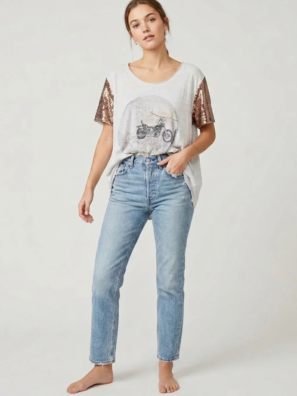 FP WTF | Biker Graphic Tee Short Sequin Sleeves Lightweight Burnout VSCO Shirt - Picture 1 of 14